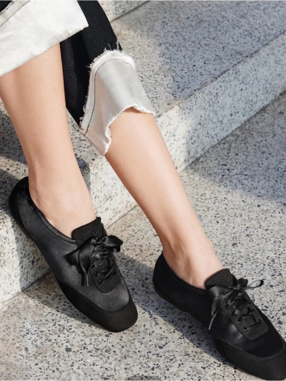 Vivaia Cristina Square-Toe Lace-Up Satin Sneakerina in Black